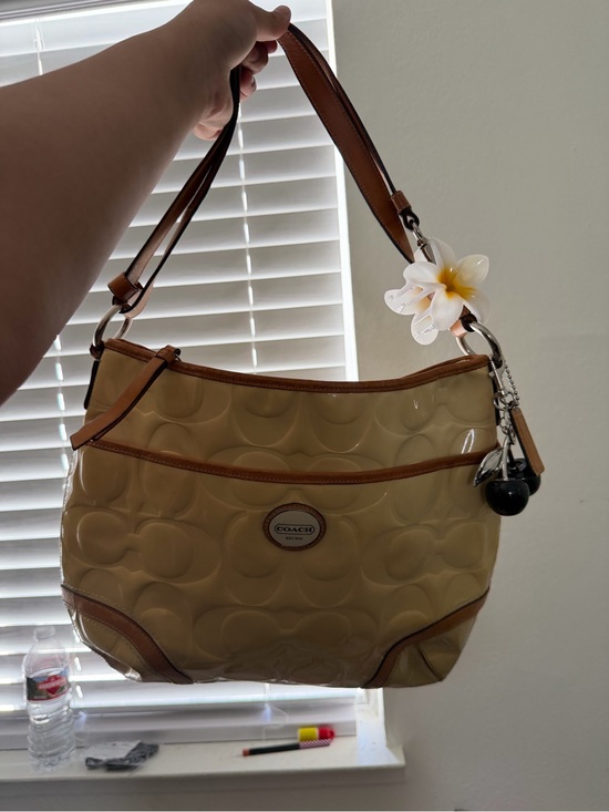 Coach Handbags - Coach Patent Leather Shoulder Bag in Beige with Tan Trim